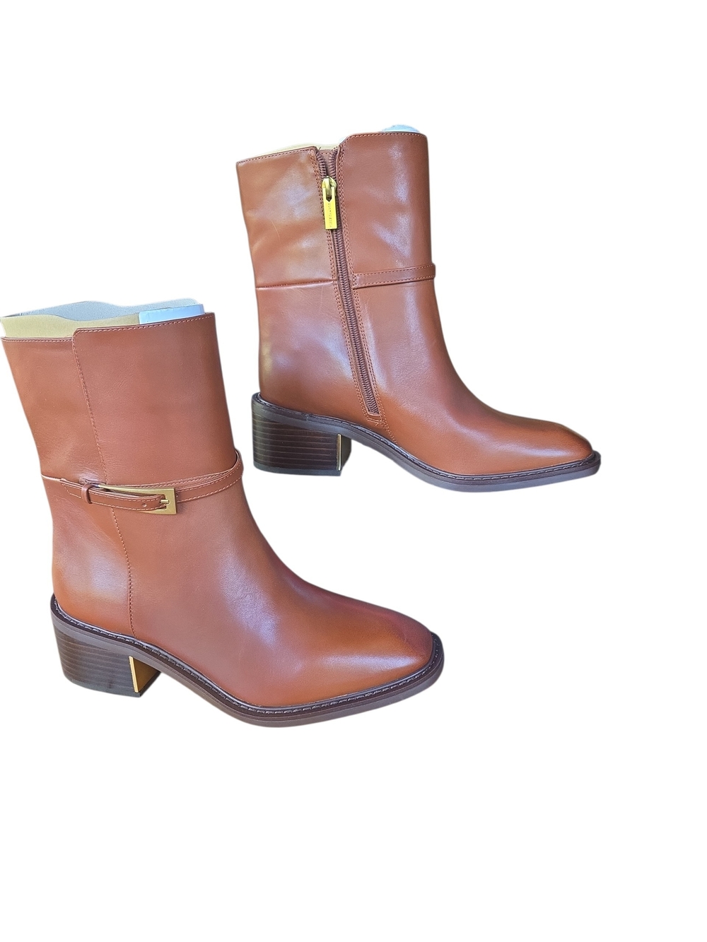 Vince Camuto Cognac Leather Western Cowgirl Mid-Calf Block Heel Boots